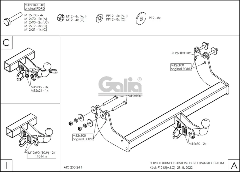 Фаркоп Galia оцинкованный для Ford Touneo Custom 2012-2025. Быстросъемный крюк. Артикул F124C Фаркоп Galia оцинкованный для Ford Touneo Custom 2012-2025. Быстросъемный крюк. Артикул F124C