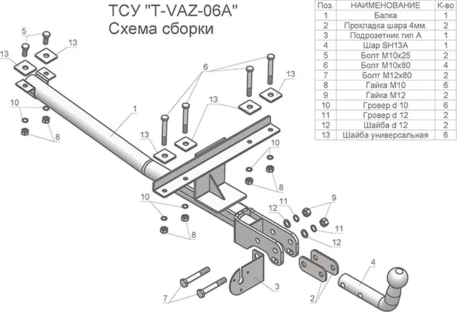 Фаркоп Tavials (Лидер-Плюс) для ВАЗ 2113 (со съемным шаром) 2004-2013. Артикул T-VAZ-06A